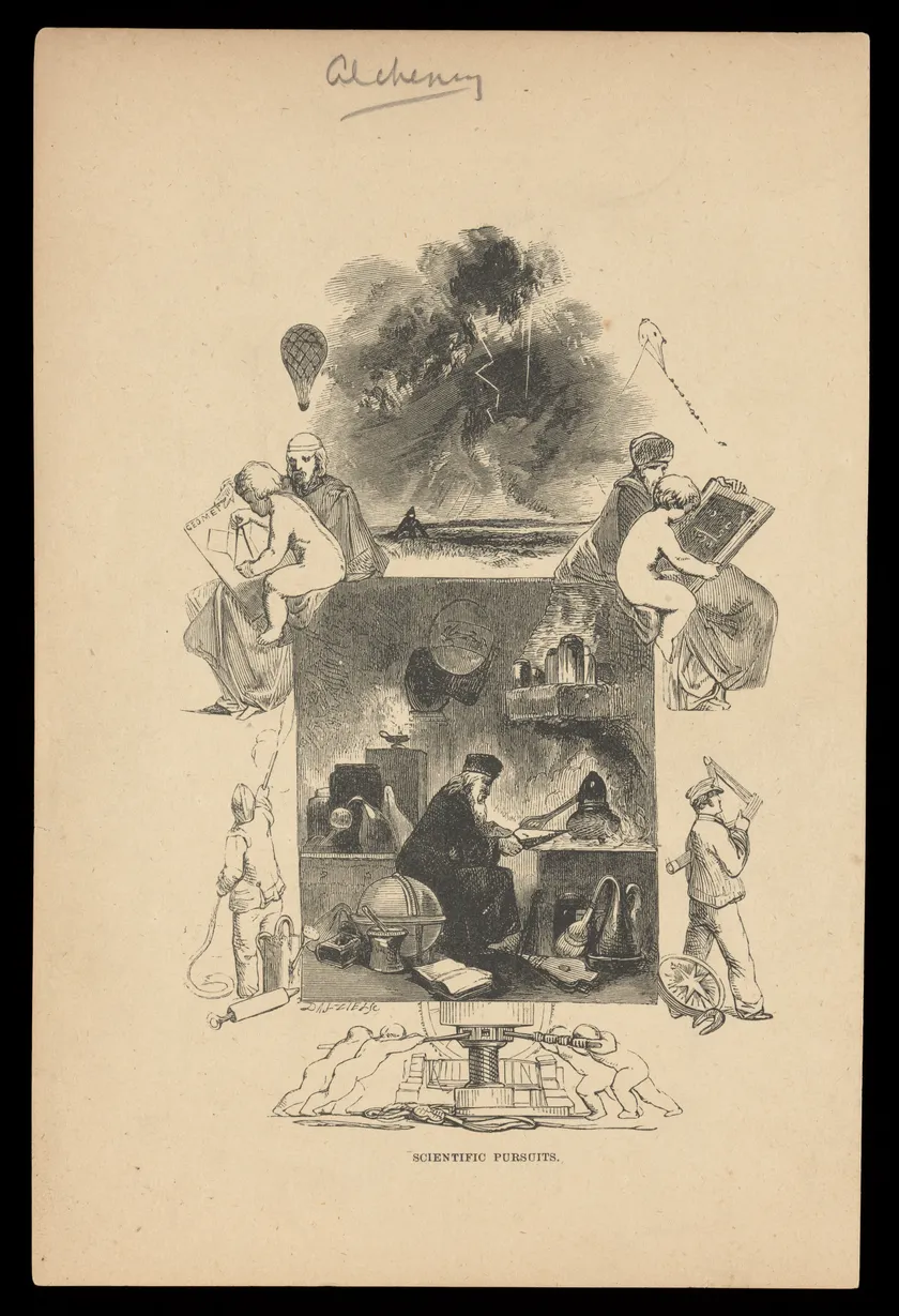 An alchemist at his alembic surrounded by vignettes of scientific pursuits, wood engraving.