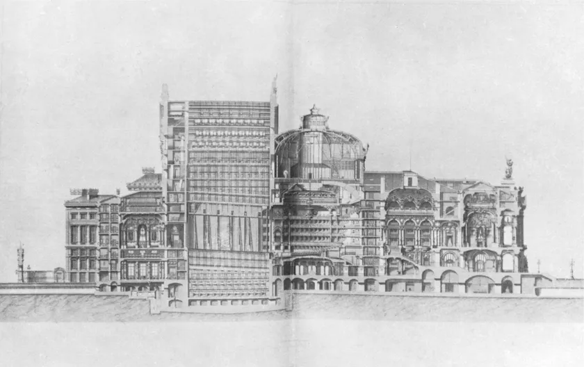 Longitudinal architectural section of the Palais Garnier opera house, showing stage, fly tower, and house.